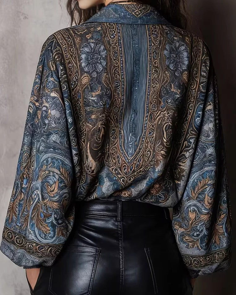 Paisley Print Balloon Sleeve Vintage Blouse - Blue - 2