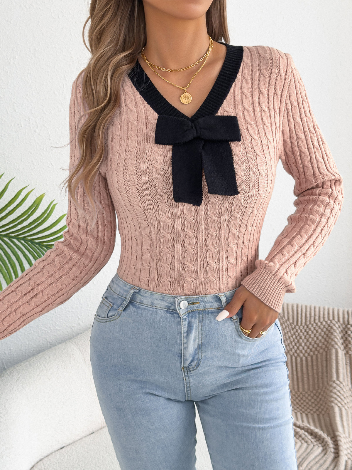 Bow Tie Cable Knit V Neck Top - Pink