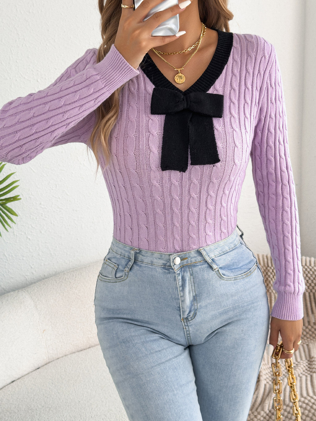 Bow Tie Cable Knit V Neck Top - Purple - 1