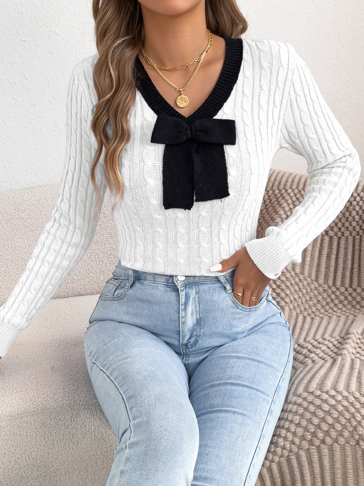 Bow Tie Cable Knit V Neck Top - White