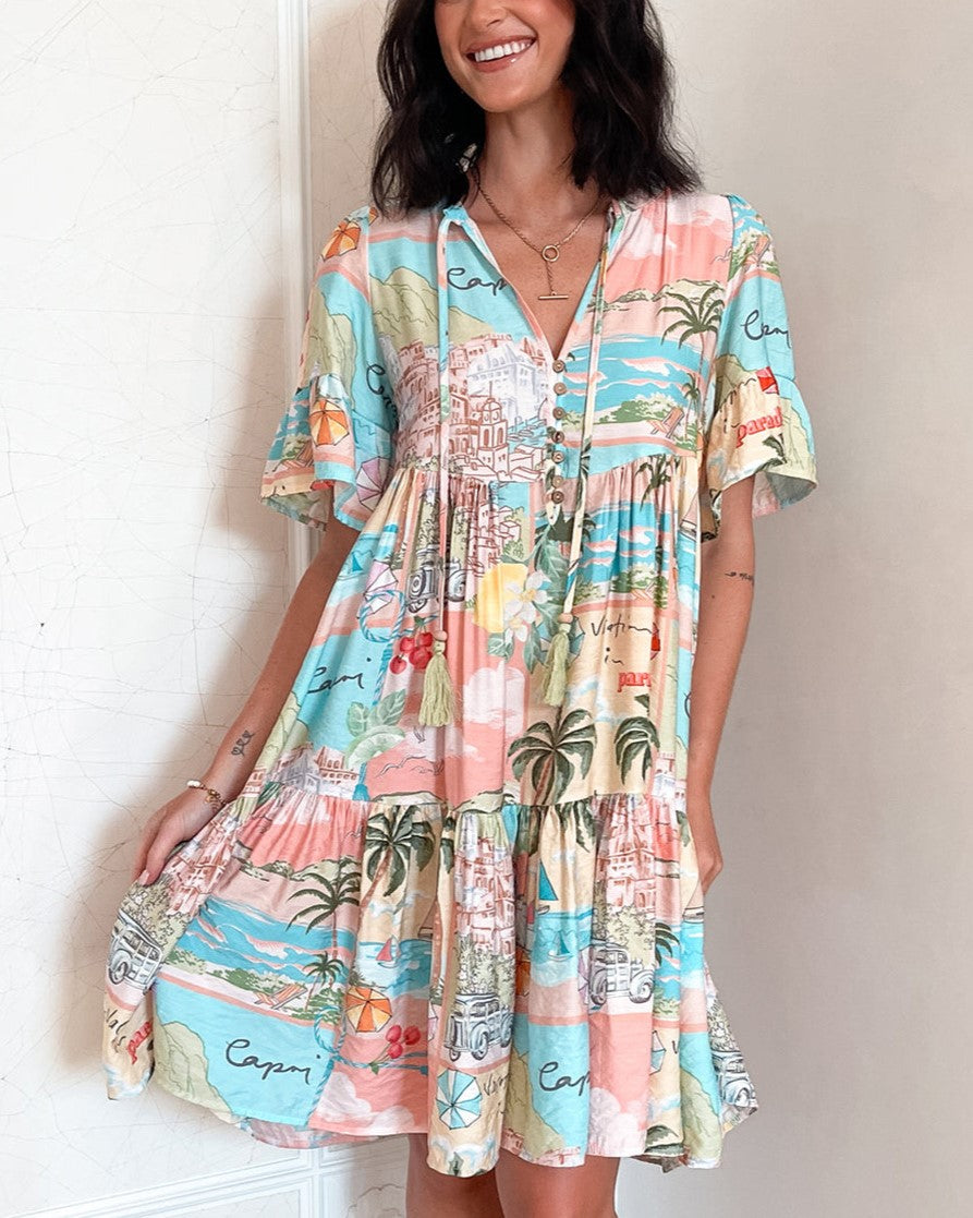 Boho Print Button Front Tiered Mini Dress - Color_1