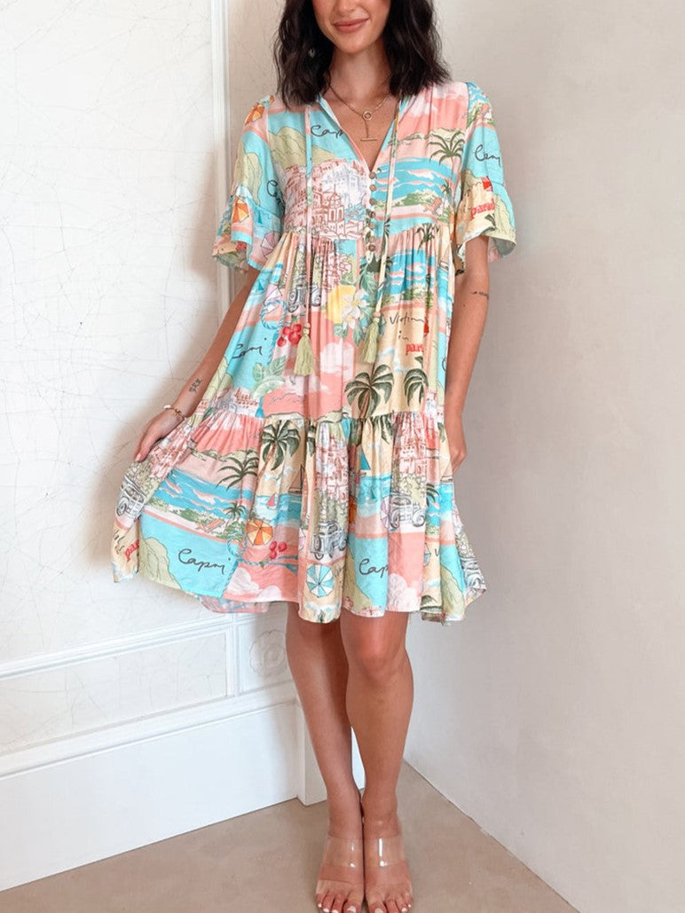 Boho Print Button Front Tiered Mini Dress - Color_1 - 1