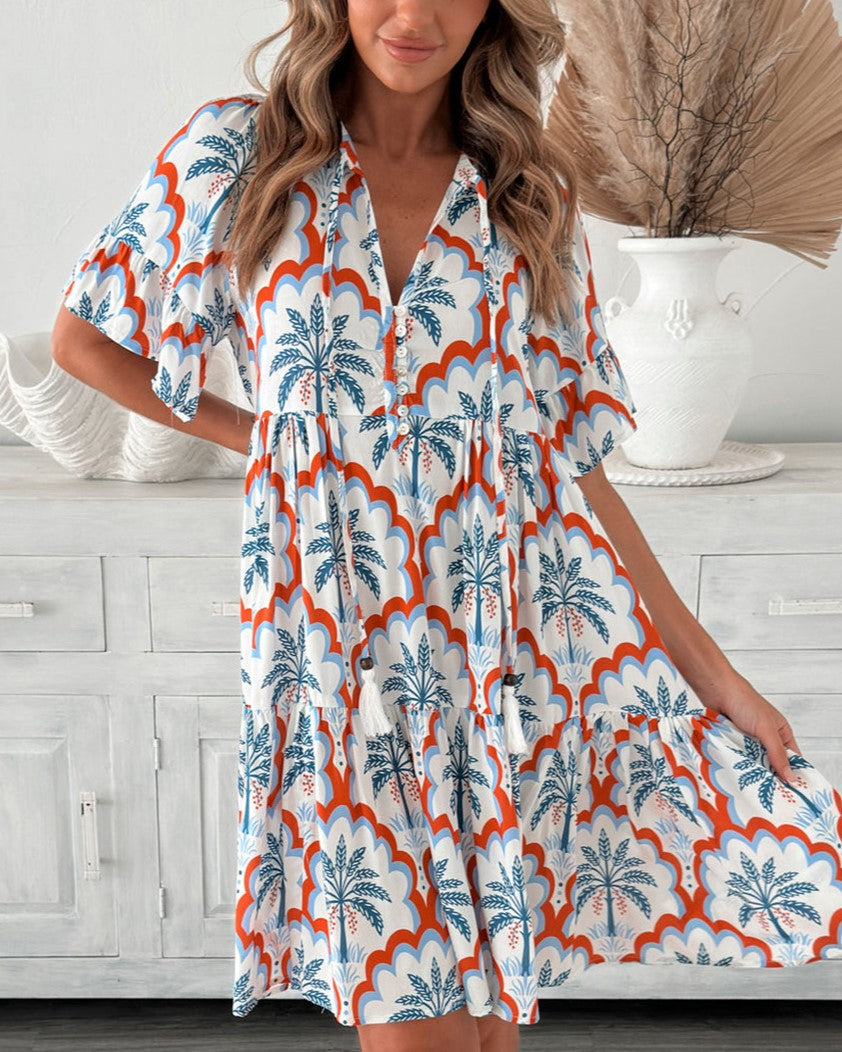 Boho Print Button Front Tiered Mini Dress - Color_2