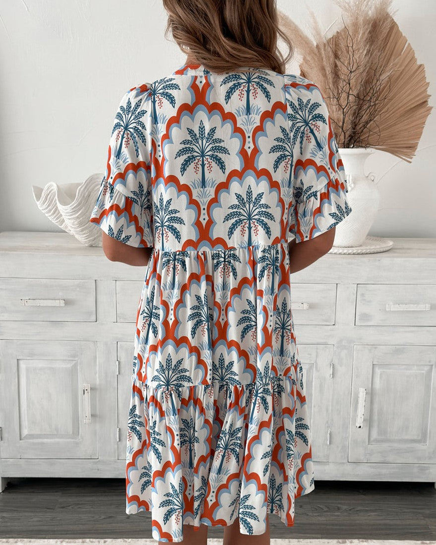 Boho Print Button Front Tiered Mini Dress - Color_2 - 1