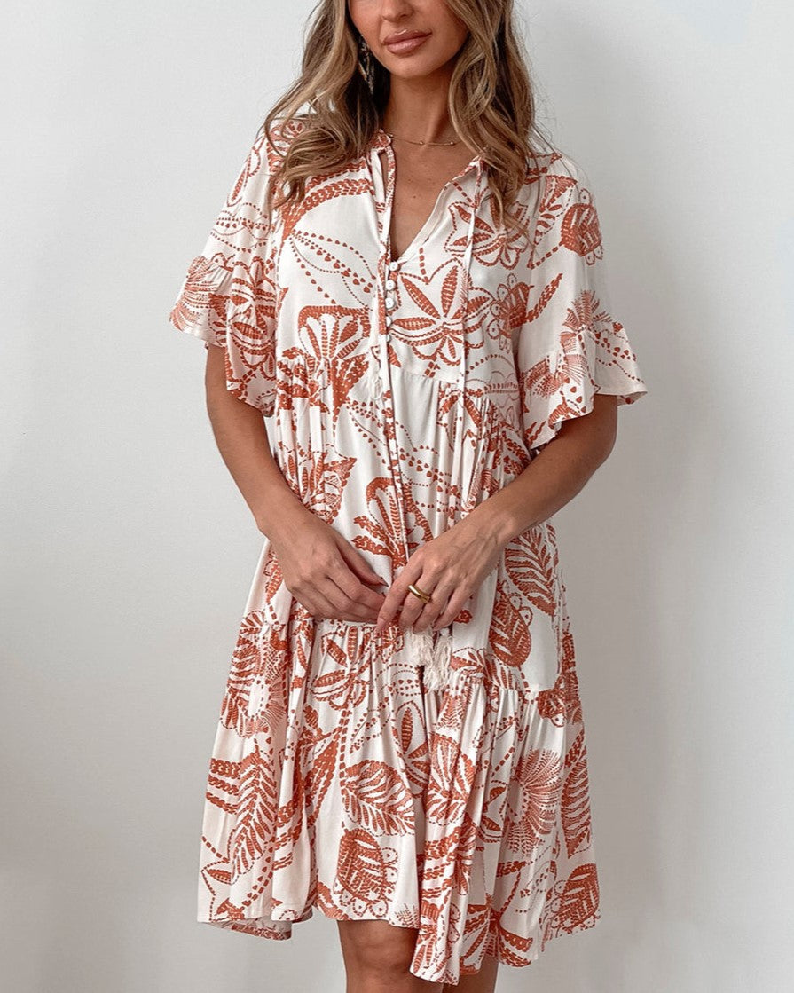 Boho Print Button Front Tiered Mini Dress - Color_3