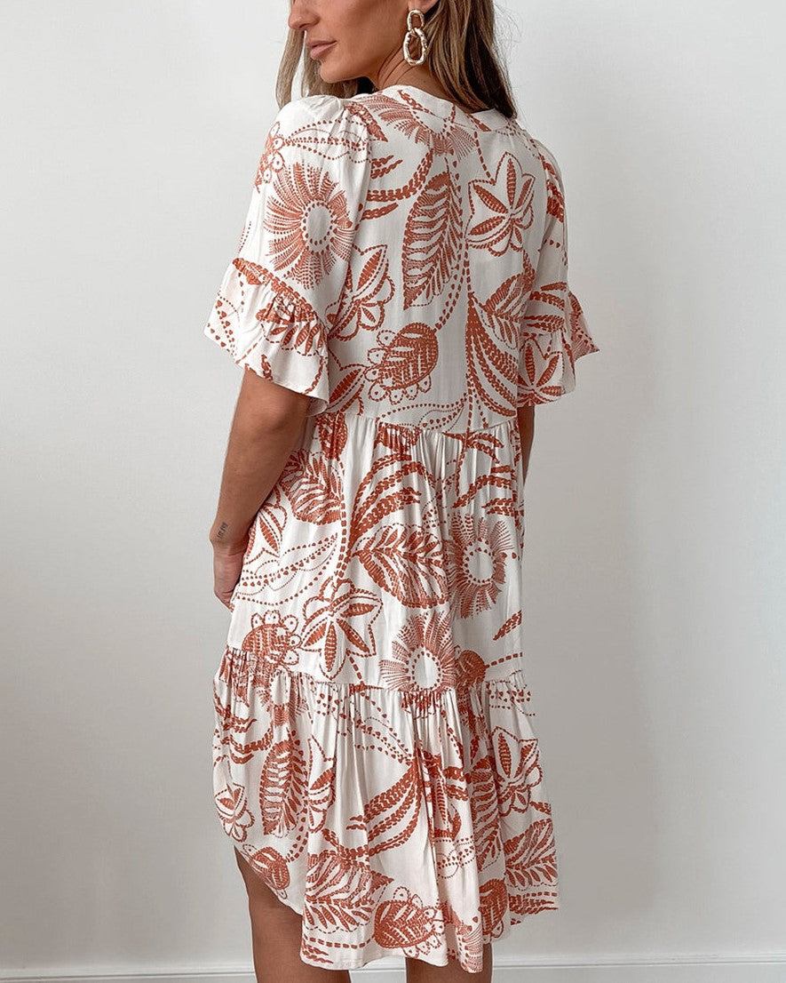 Boho Print Button Front Tiered Mini Dress - Color_3 - 1
