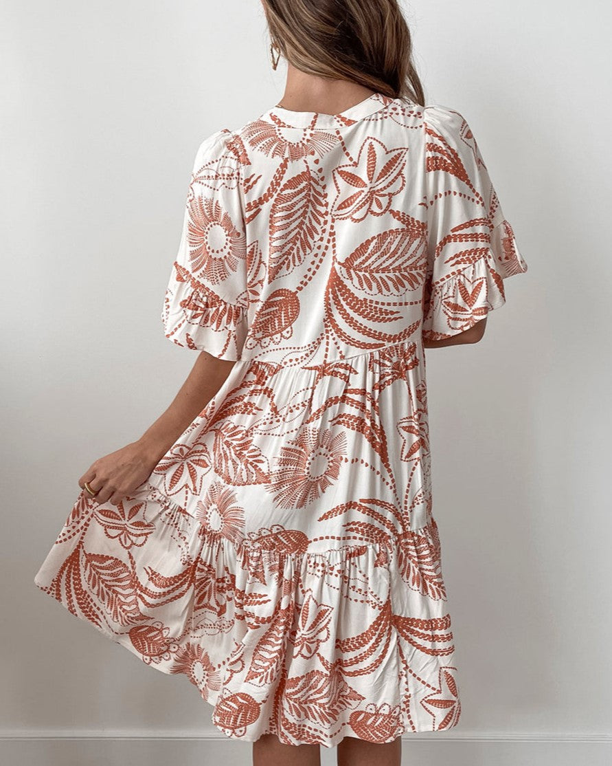 Boho Print Button Front Tiered Mini Dress - Color_3 - 2