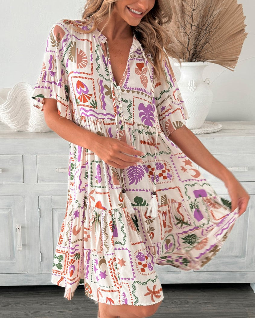 Boho Print Button Front Tiered Mini Dress - Color_4