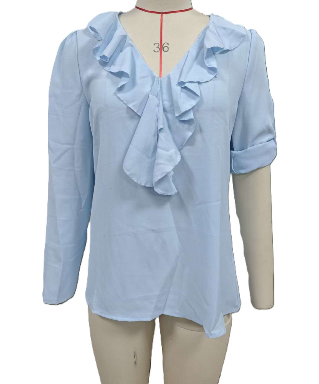 Cascading Ruffle V Neck Long Sleeve Blouse - Blue - 1