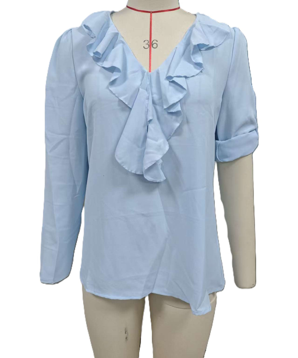 Cascading Ruffle V Neck Long Sleeve Blouse - Blue - 1