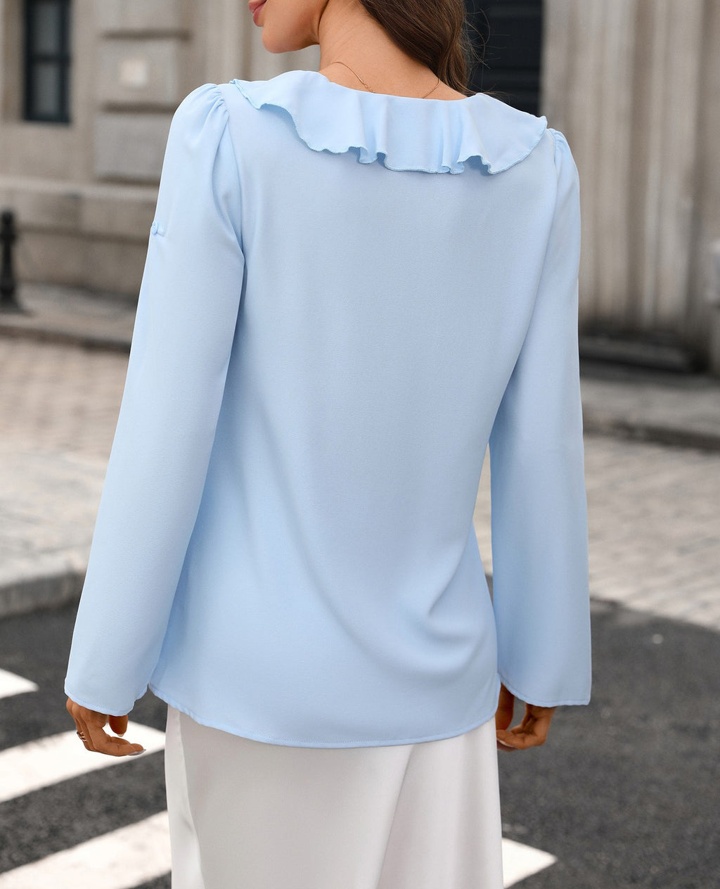 Cascading Ruffle V Neck Long Sleeve Blouse - Blue - 3