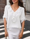 Cascading Ruffle V Neck Long Sleeve Blouse - White