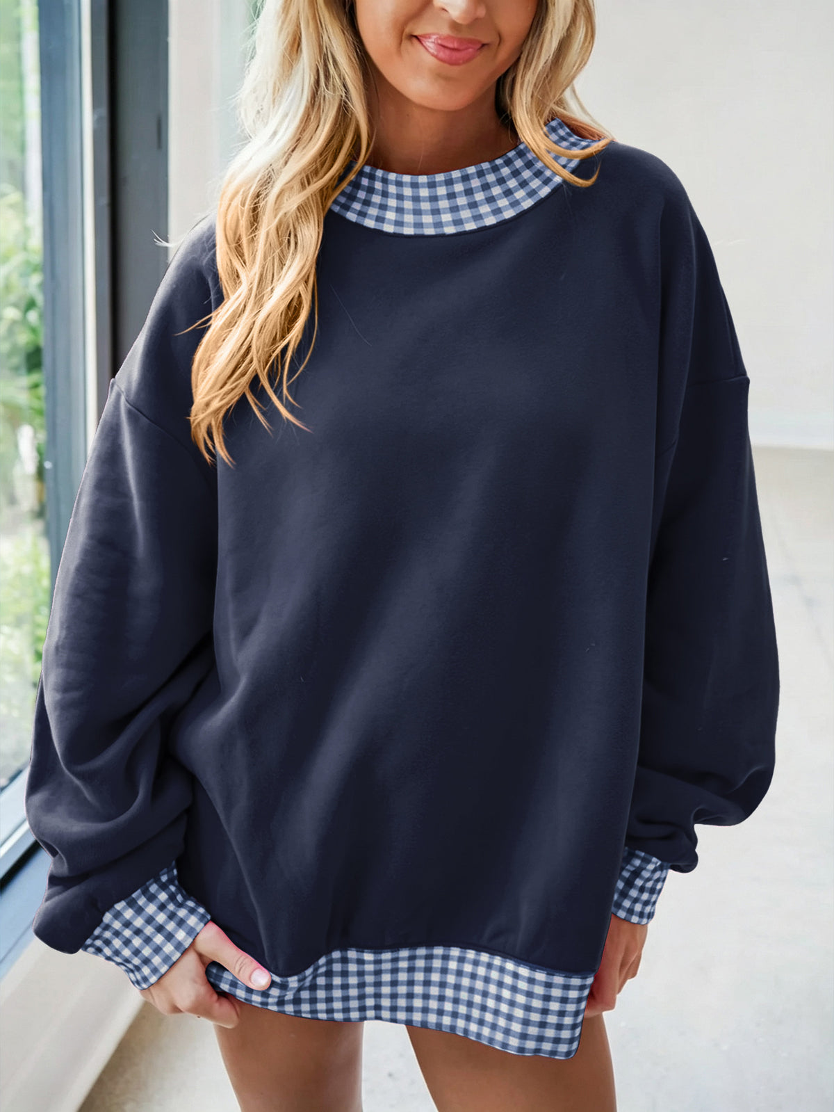 Oversized Crew Neck Sweatshirt With Gingham Trim - Navy