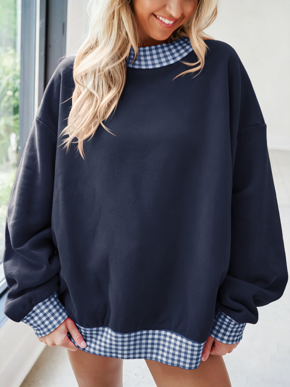 Oversized Crew Neck Sweatshirt With Gingham Trim - Navy - 1