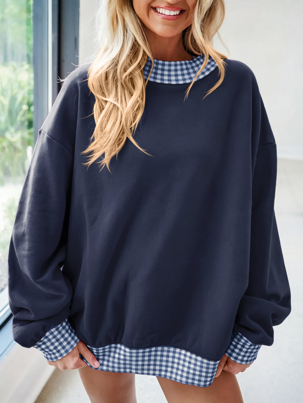 Oversized Crew Neck Sweatshirt With Gingham Trim - Navy - 2