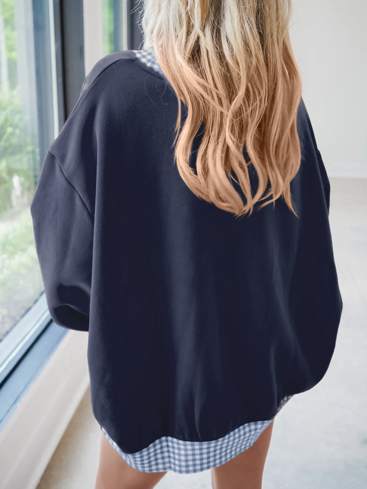 Oversized Crew Neck Sweatshirt With Gingham Trim - Navy - 3