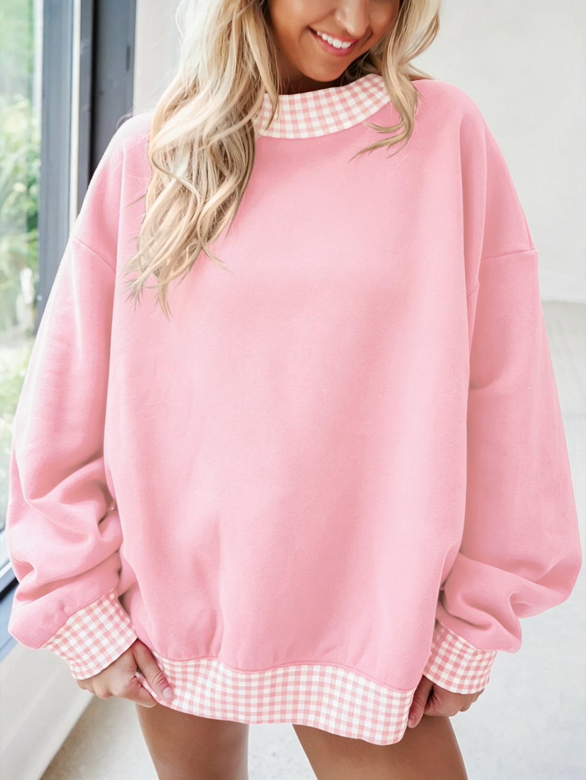 Oversized Crew Neck Sweatshirt With Gingham Trim - Pink - 1