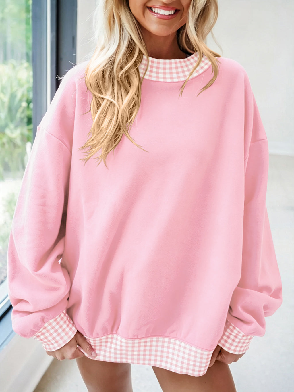 Oversized Crew Neck Sweatshirt With Gingham Trim - Pink - 2
