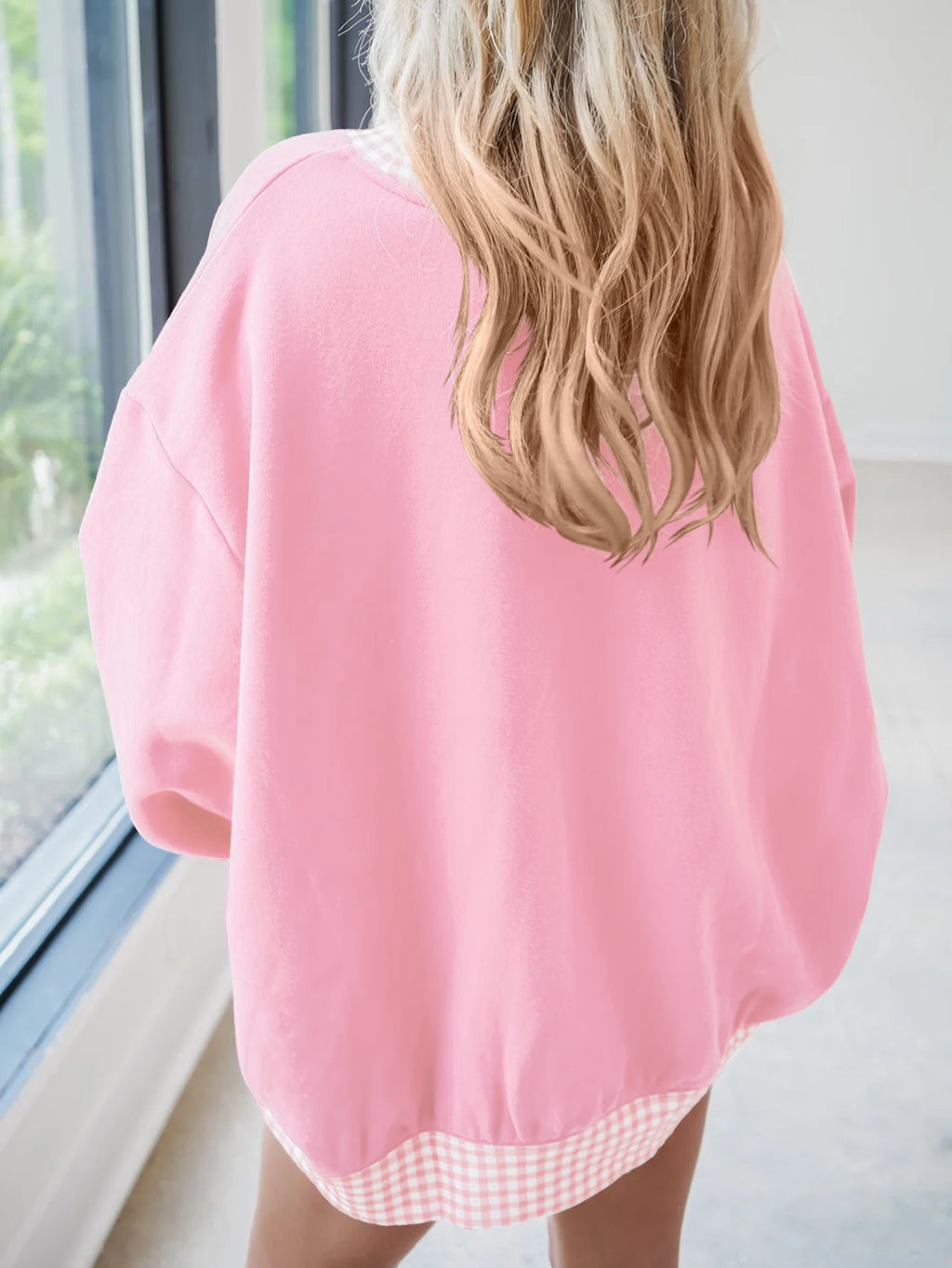 Oversized Crew Neck Sweatshirt With Gingham Trim - Pink - 3