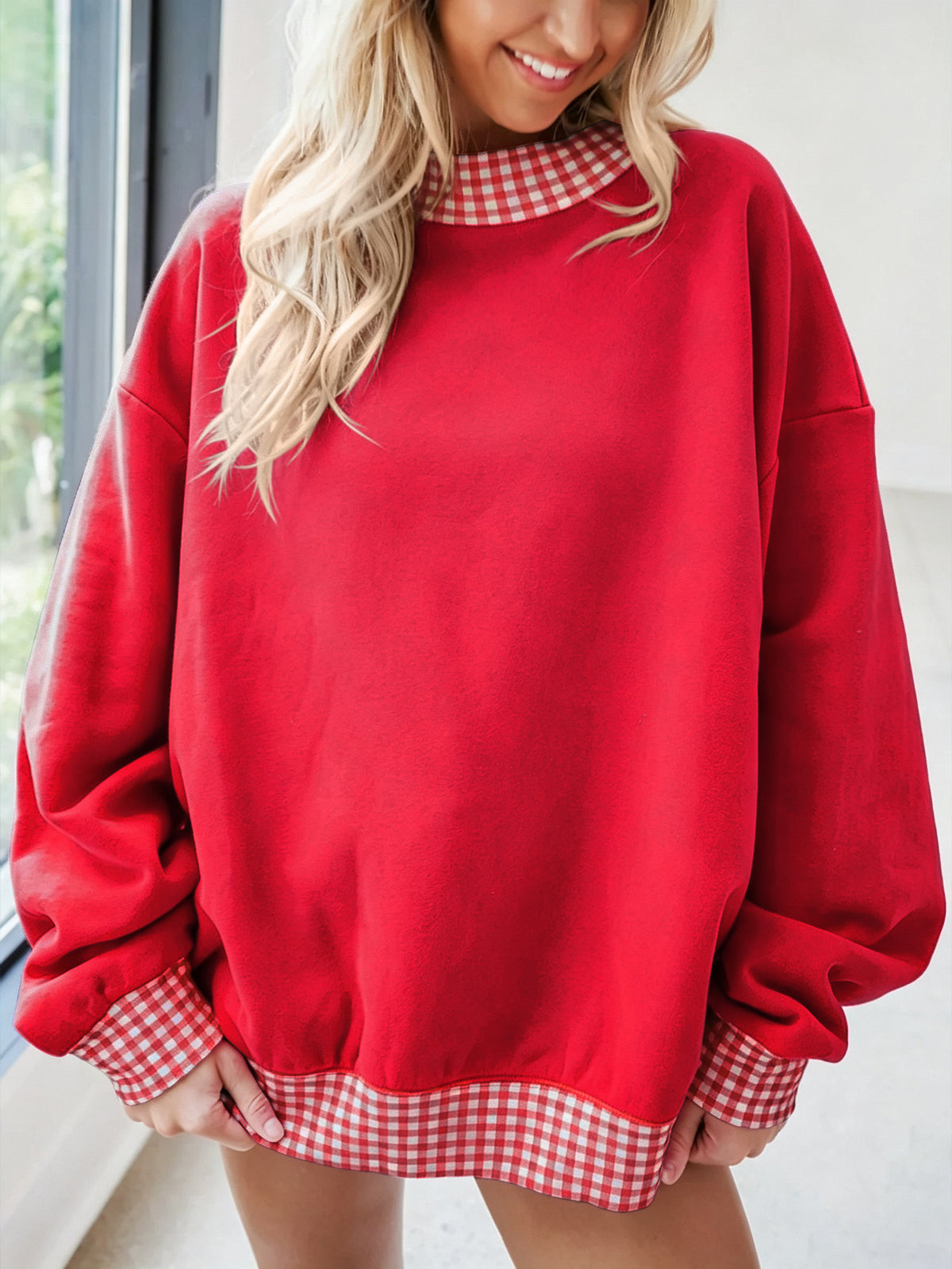 Oversized Crew Neck Sweatshirt With Gingham Trim - Red