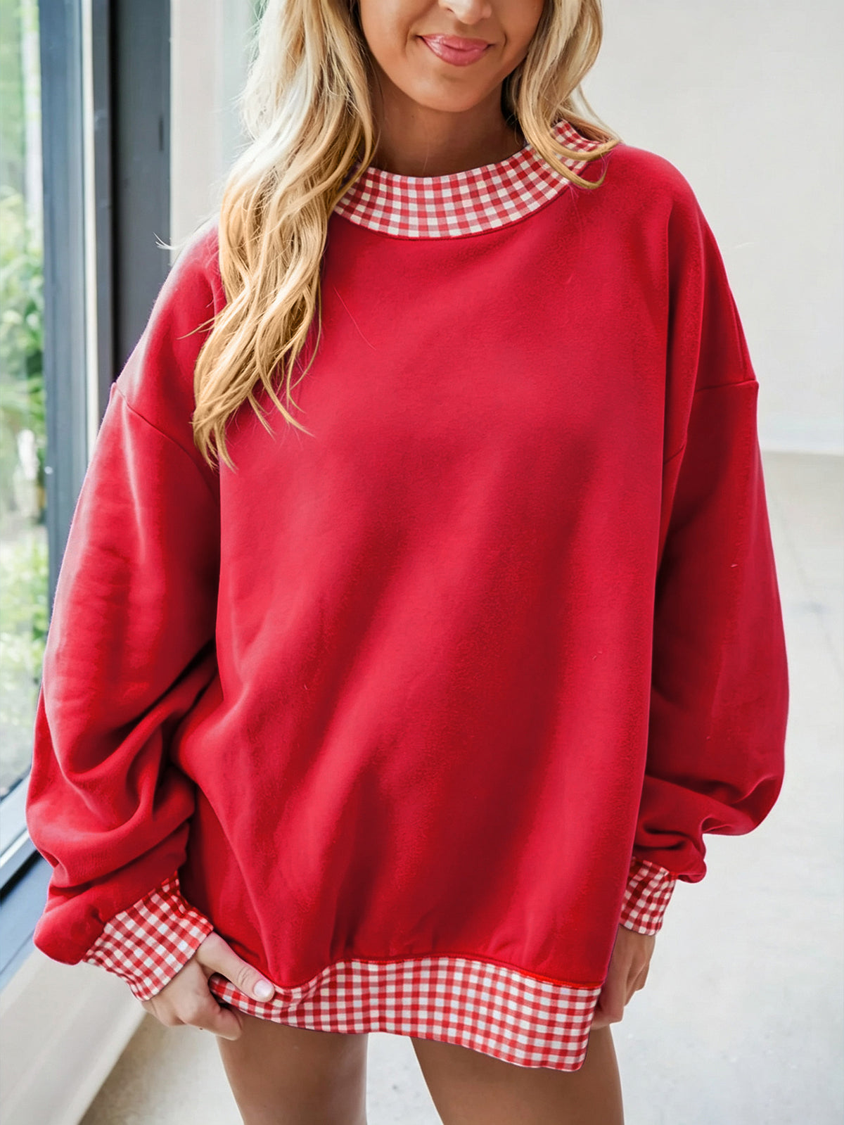 Oversized Crew Neck Sweatshirt With Gingham Trim - Red - 1