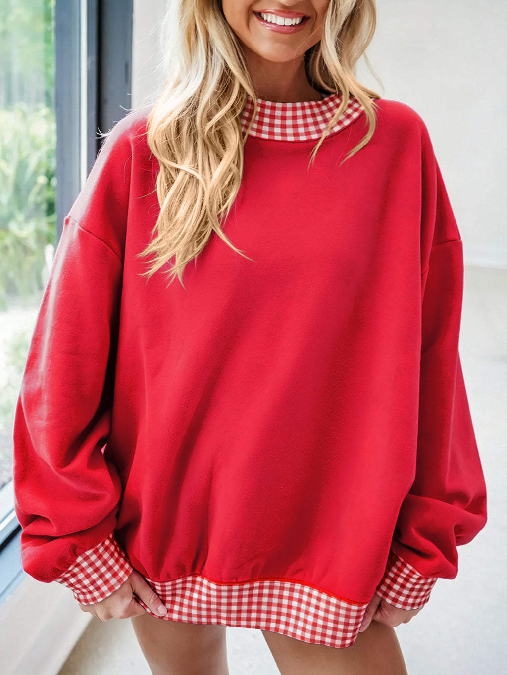 Oversized Crew Neck Sweatshirt With Gingham Trim - Red - 2