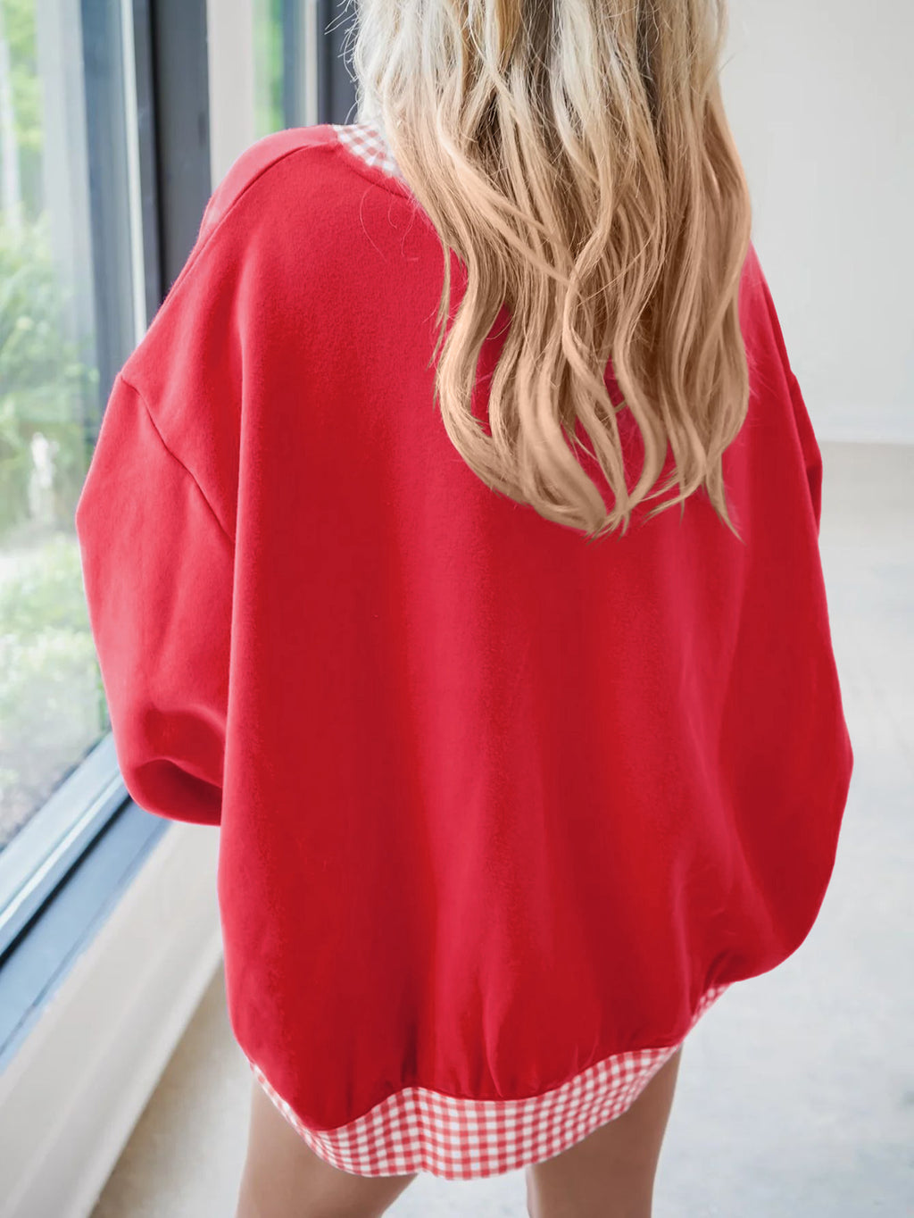 Oversized Crew Neck Sweatshirt With Gingham Trim - Red - 3