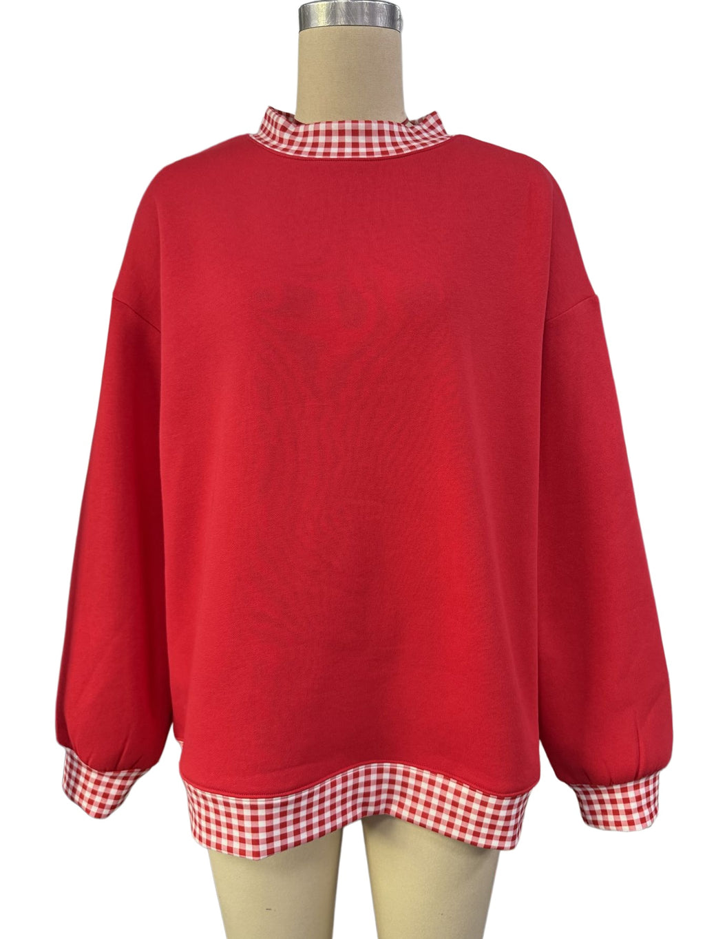 Oversized Crew Neck Sweatshirt With Gingham Trim - Red - 4
