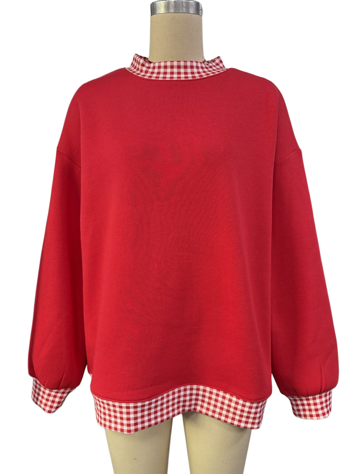 Oversized Crew Neck Sweatshirt With Gingham Trim - Red - 4
