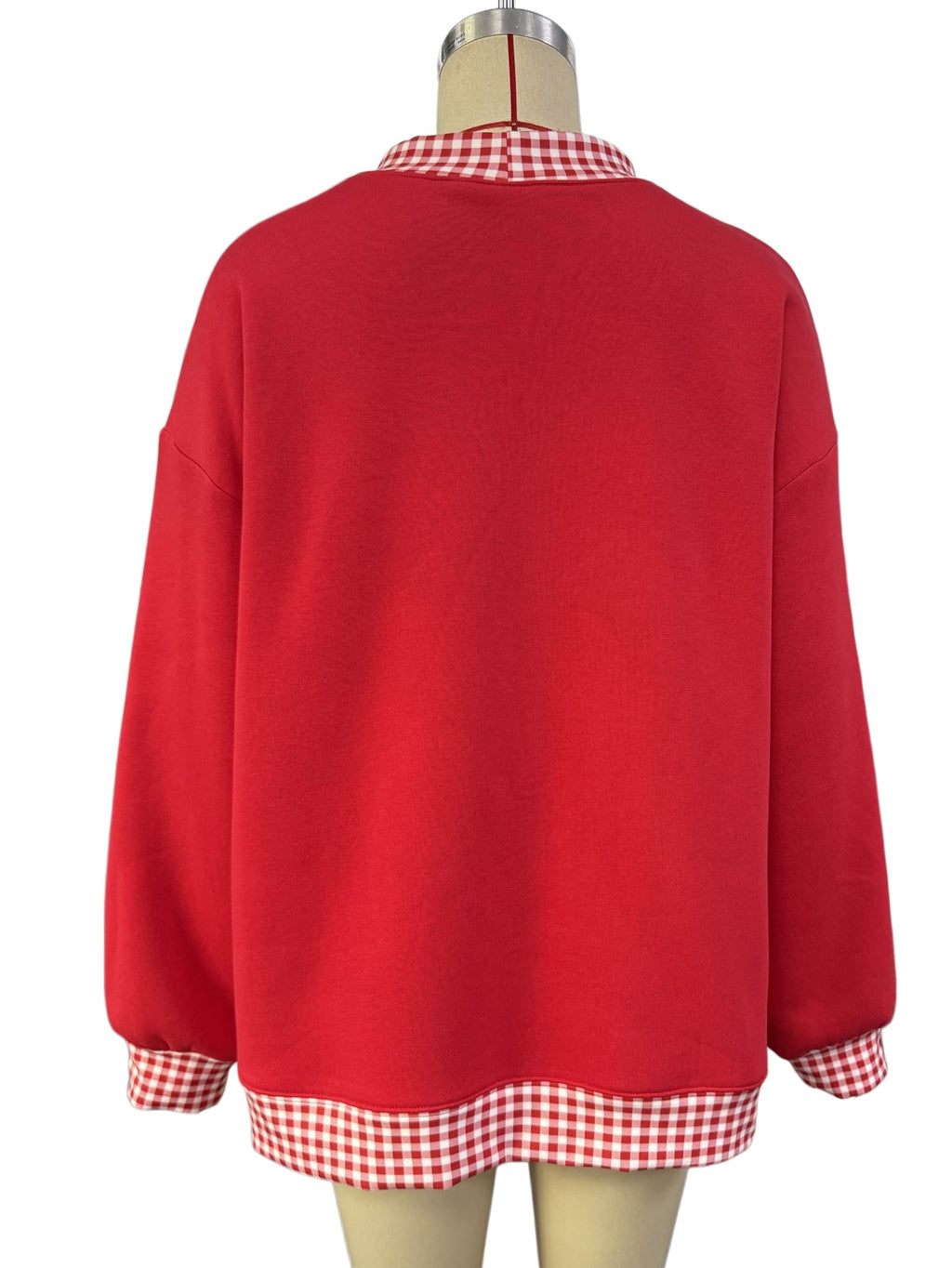 Oversized Crew Neck Sweatshirt With Gingham Trim - Red - 5