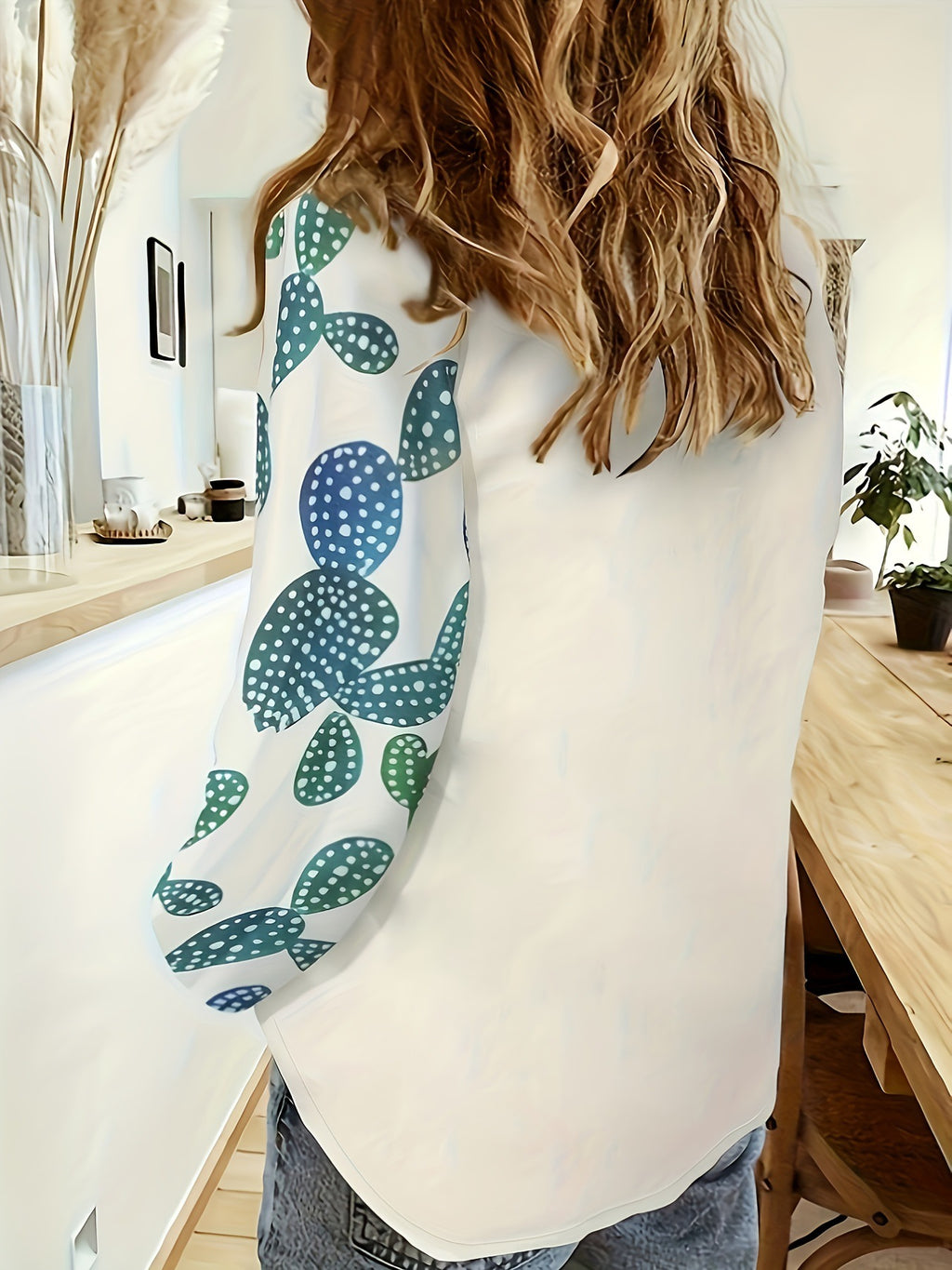 Artistic Portrait And Cactus Print Shirt - White - 1