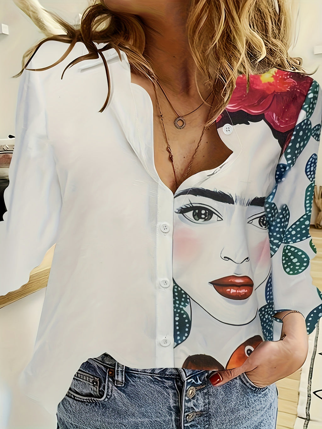Artistic Portrait And Cactus Print Shirt