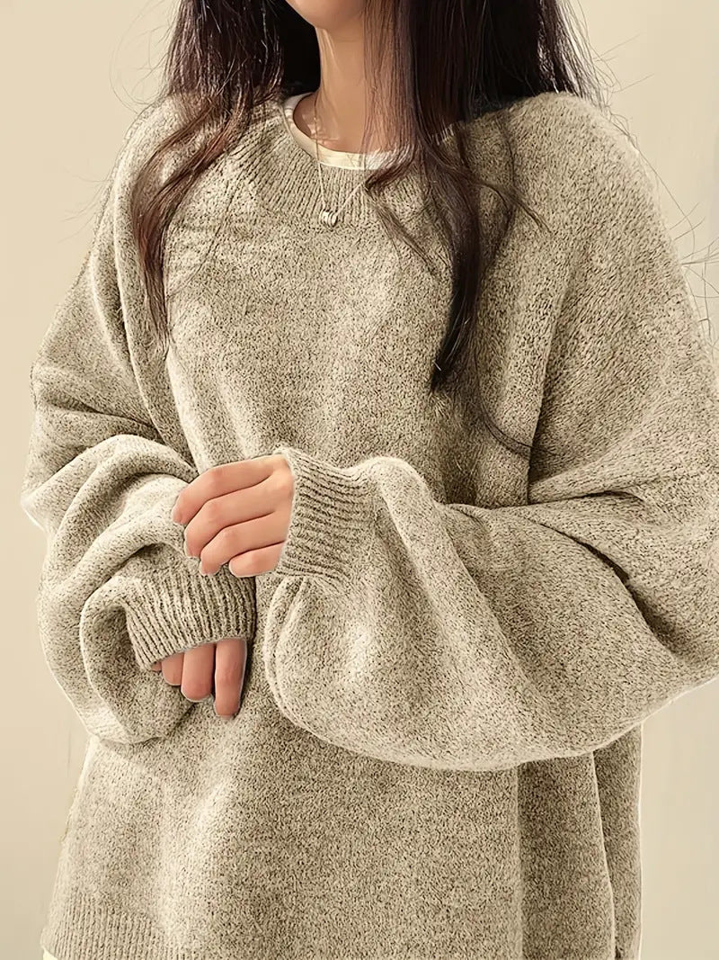 Slouchy Crew Neck Side Slit Knit Pullover - Apricot
