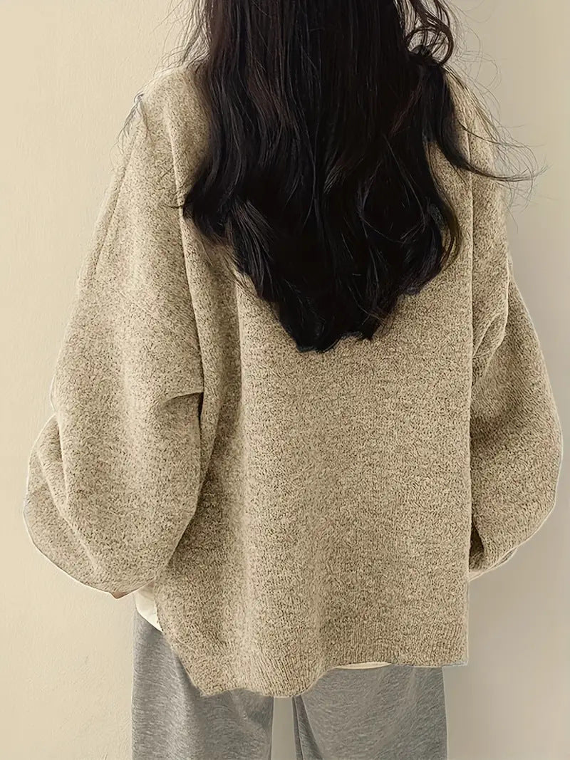 Slouchy Crew Neck Side Slit Knit Pullover - Apricot - 1