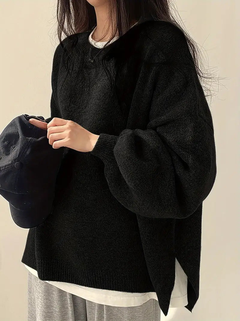 Slouchy Crew Neck Side Slit Knit Pullover - Black