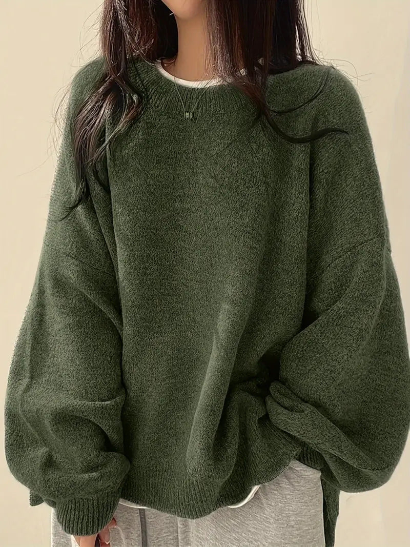 Slouchy Crew Neck Side Slit Knit Pullover - Green
