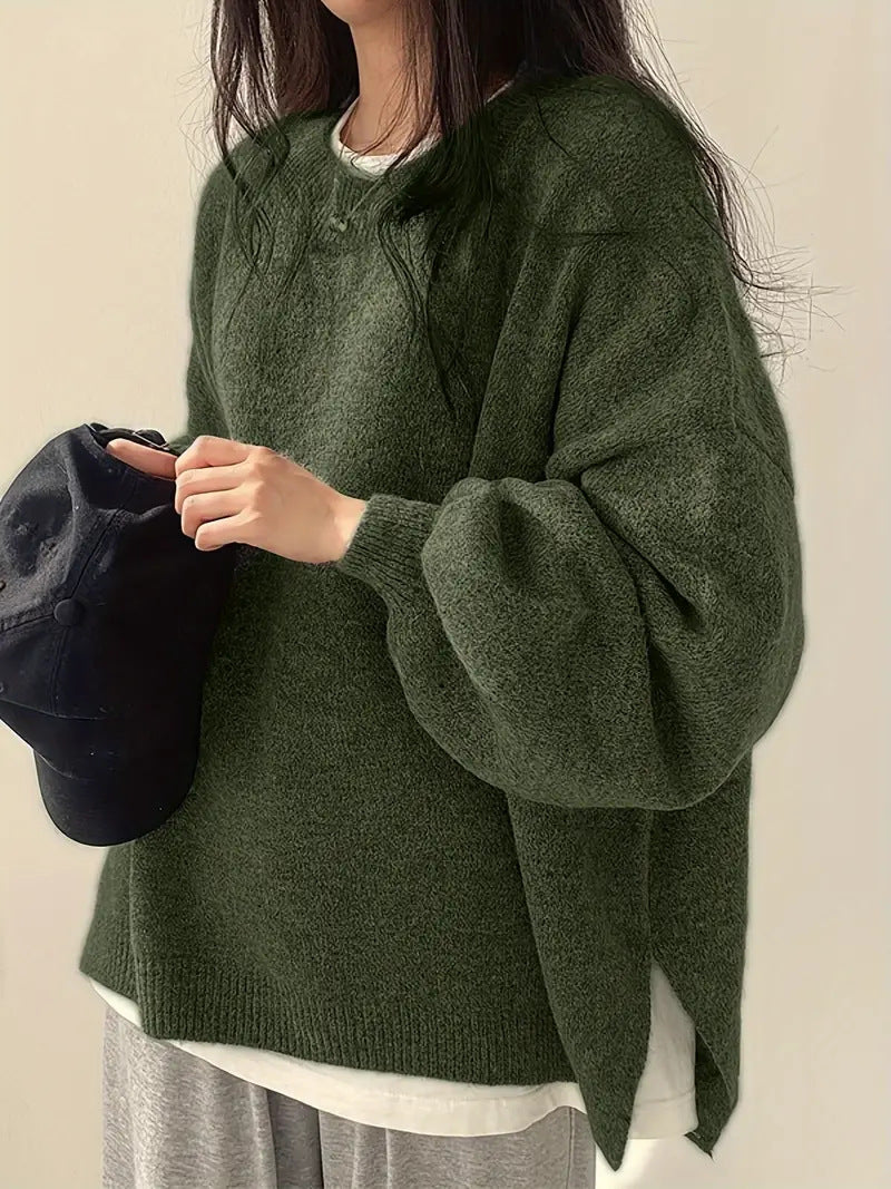 Slouchy Crew Neck Side Slit Knit Pullover - Green - 1