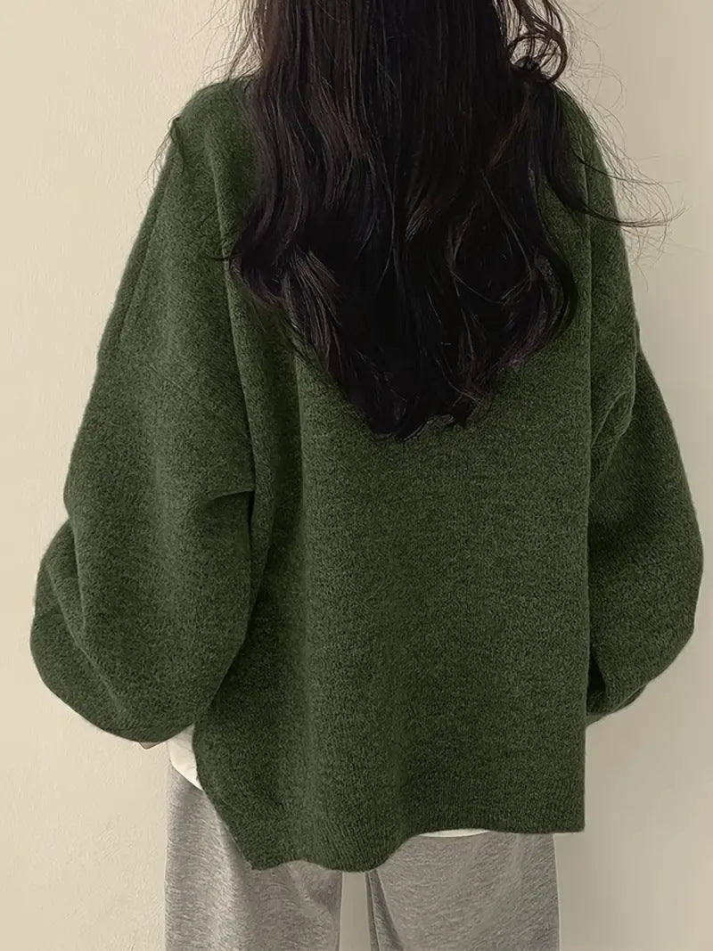 Slouchy Crew Neck Side Slit Knit Pullover - Green - 2