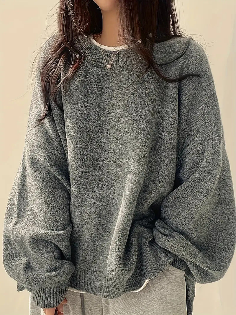 Slouchy Crew Neck Side Slit Knit Pullover - Grey