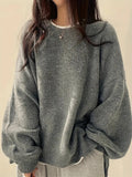 Slouchy Crew Neck Side Slit Knit Pullover - Grey