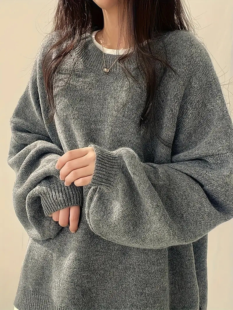 Slouchy Crew Neck Side Slit Knit Pullover - Grey - 1
