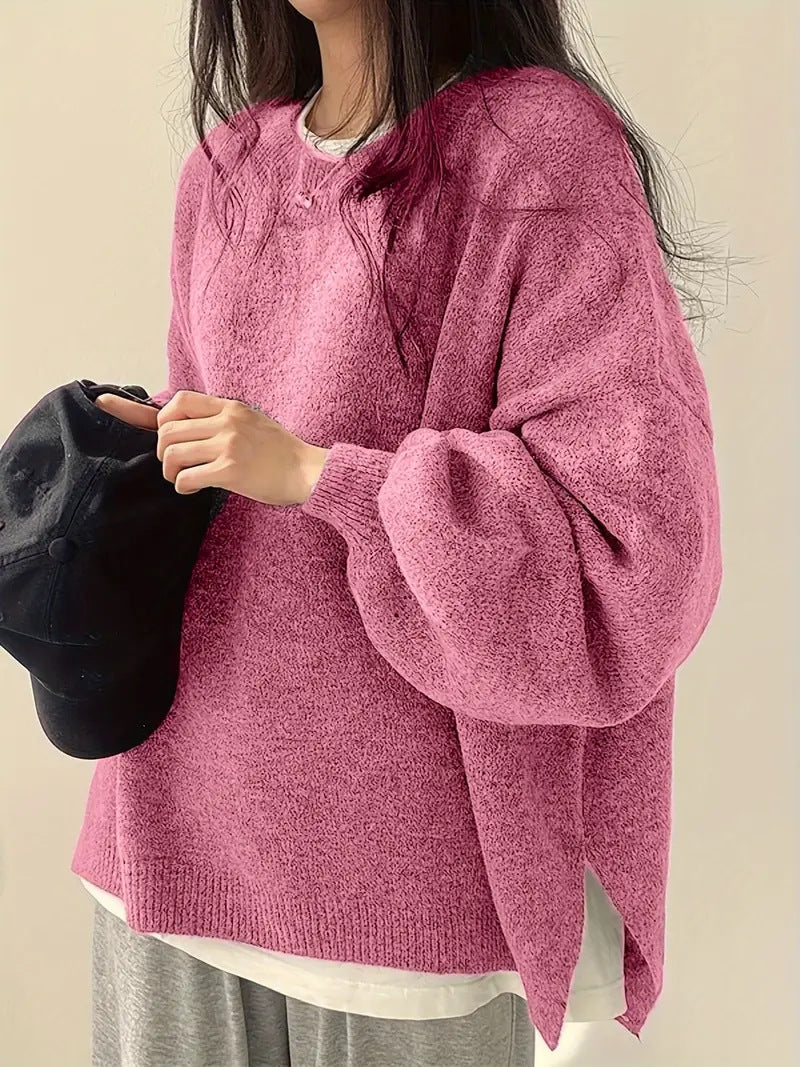 Slouchy Crew Neck Side Slit Knit Pullover - Pink - 1
