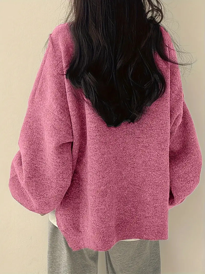 Slouchy Crew Neck Side Slit Knit Pullover - Pink - 2