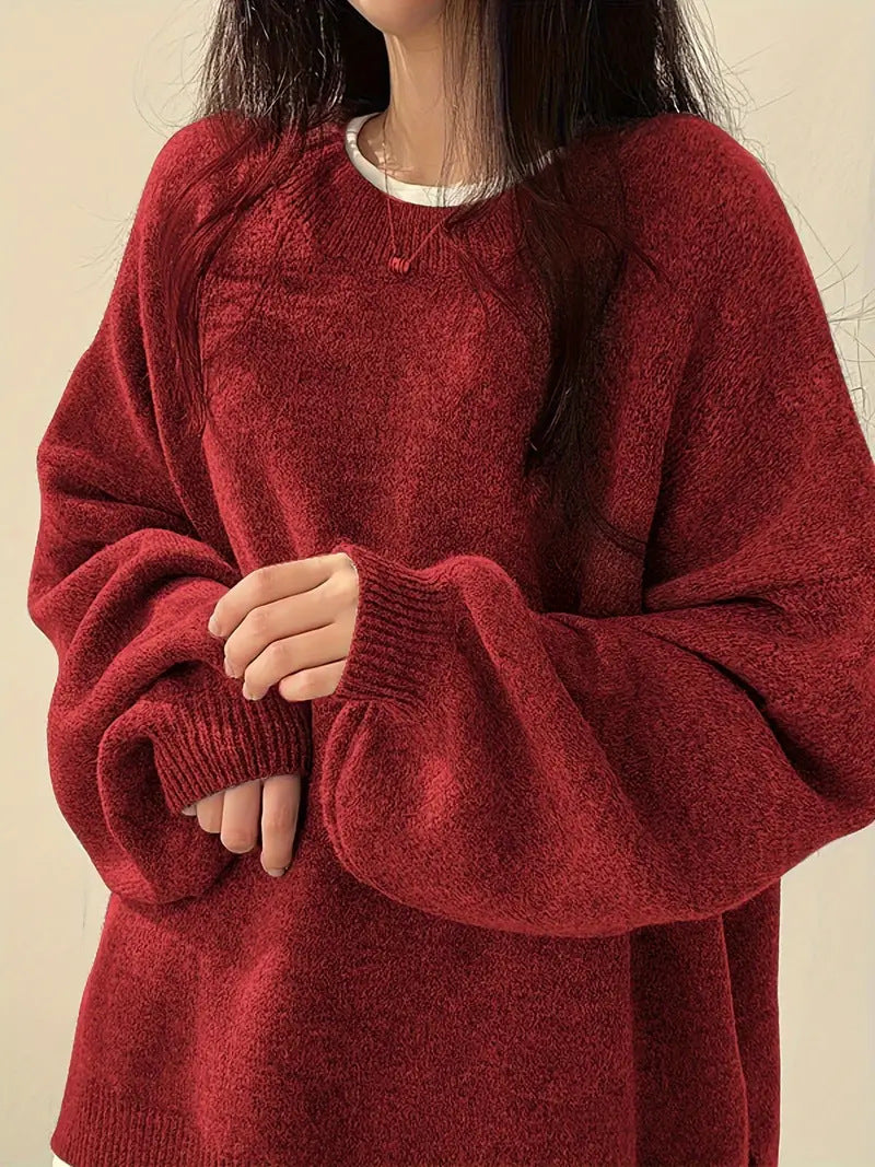 Slouchy Crew Neck Side Slit Knit Pullover - Red