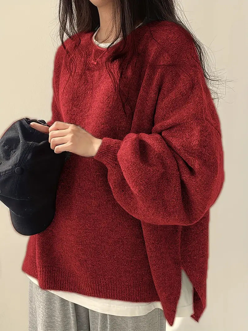 Slouchy Crew Neck Side Slit Knit Pullover - Red - 1