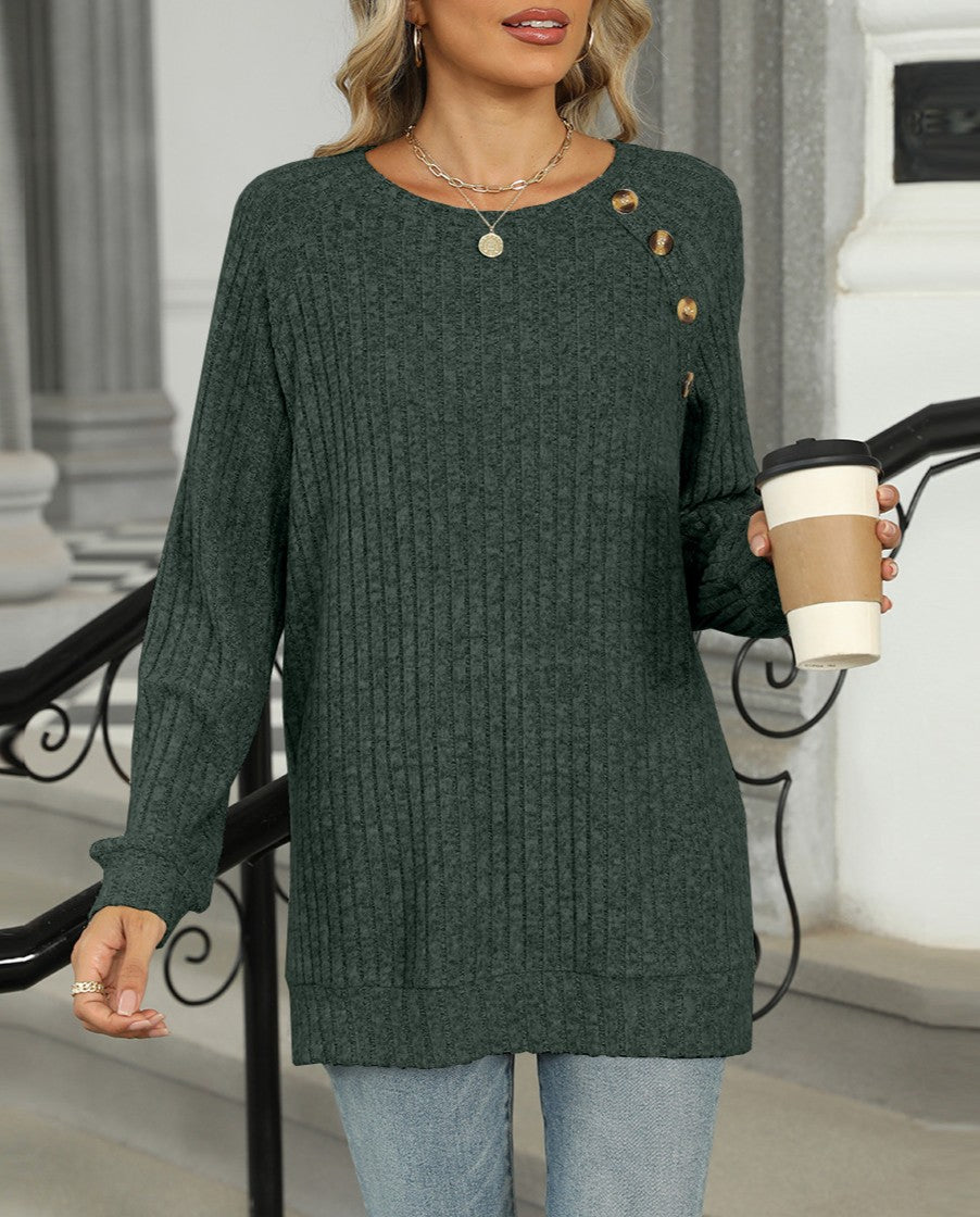 Ribbed Knit Button Shoulder Split Hem Tunic - Green