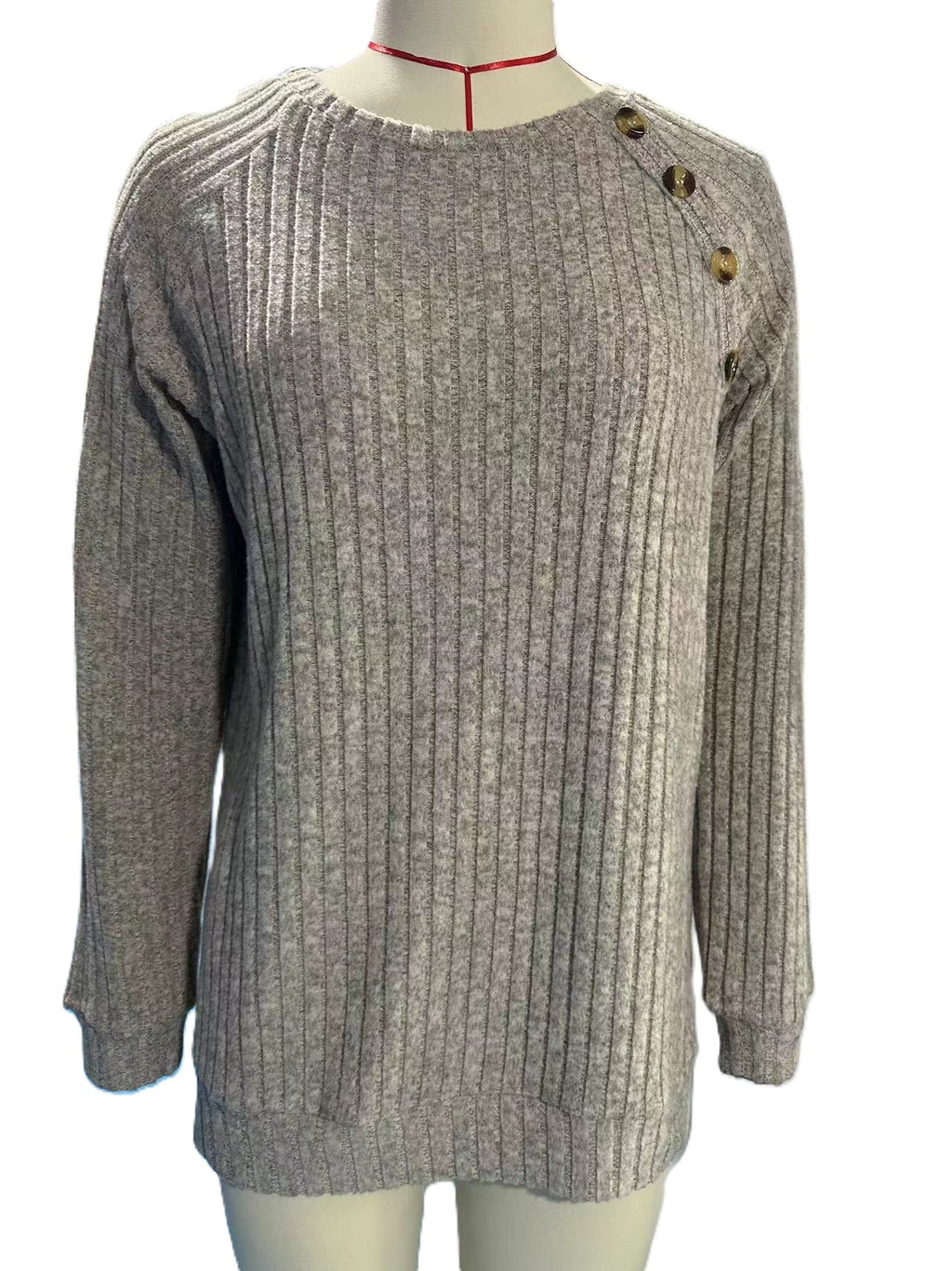 Ribbed Knit Button Shoulder Split Hem Tunic - Oatmeal