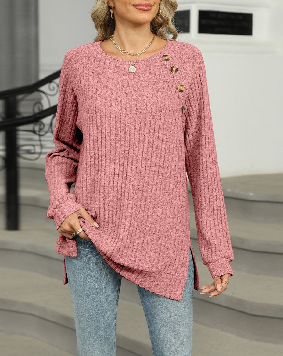 Ribbed Knit Button Shoulder Split Hem Tunic - Pink