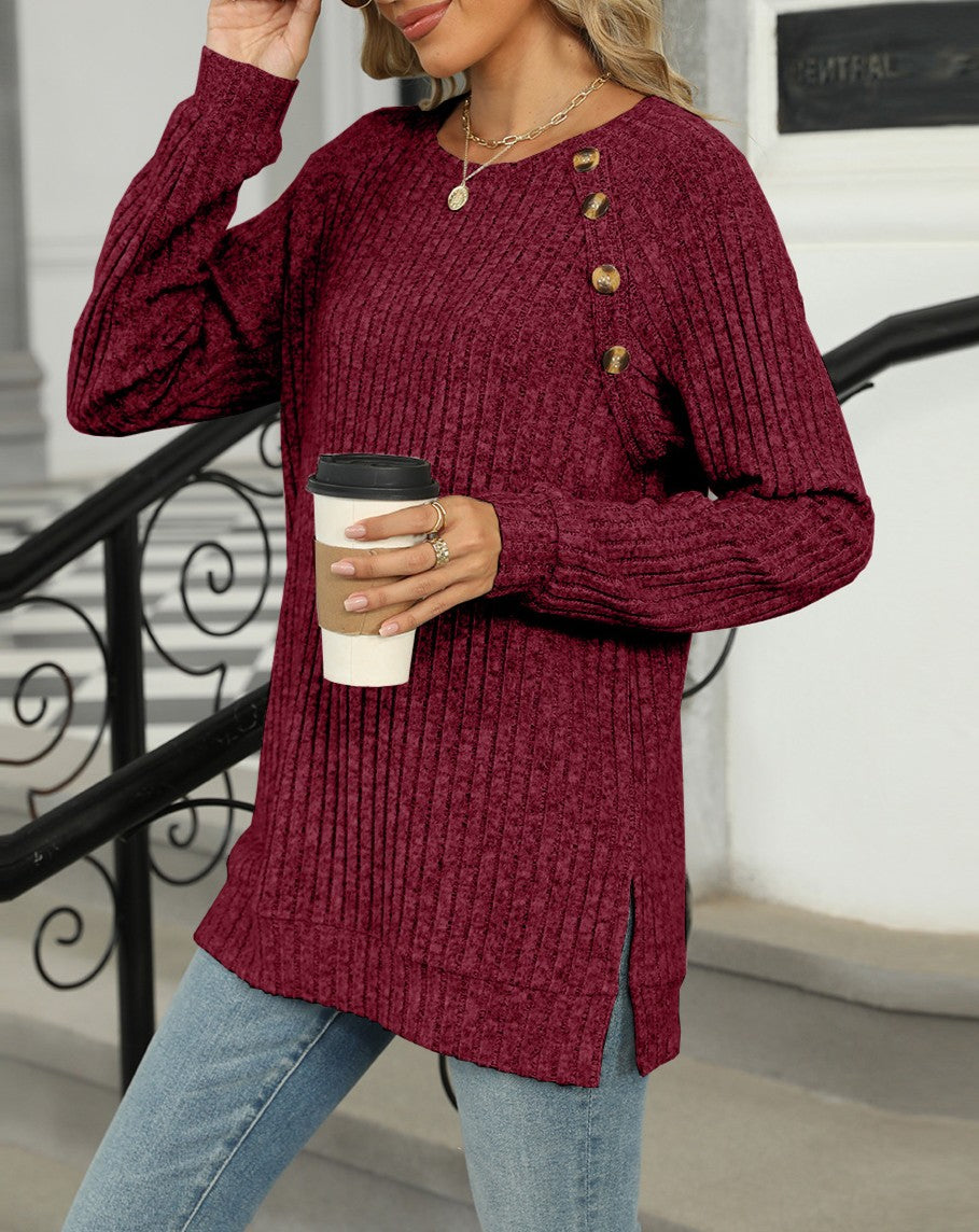 Ribbed Knit Button Shoulder Split Hem Tunic - Winered