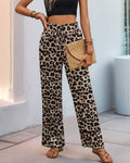 Leopard Print Tie Waist Wide Leg Pants - Black